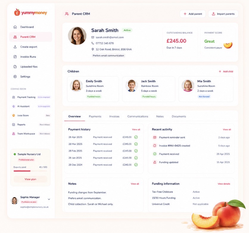 YummyMoney Parent CRM screen showing parent details, linked children, payment history and funding notes
